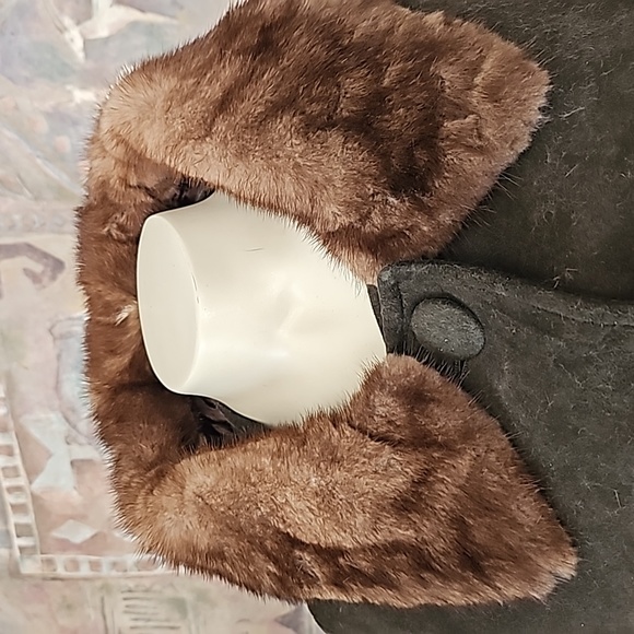 Vintage genuine leather suede lined fur collar long jacket coat  button closure - Picture 6 of 11